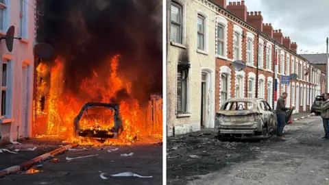 Police vehicle outside homes on fire 