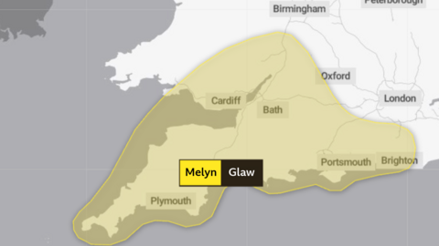 Llun map o Gymru a Lloegr yn dangos yr ardal sydd dan y rhybudd melyn