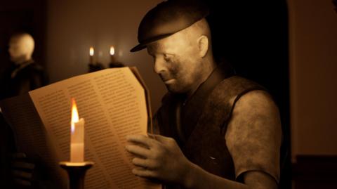 A computer animation image of a 19th Century coal miner reading a newspaper by the light of a candle