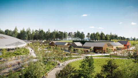 A computer generated image of how a Center Parcs near Hawick might look with wooden buildings and trees and people wandering along pathways