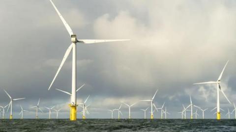 A large offshore wind farm with white turbines and yellow bases, under a cloudy sky.