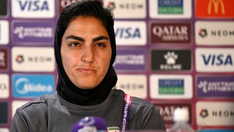 Iranian Women's national soccer team captain Zahra Ghanbari looks on during the Women's Asian Cup Iran press conference