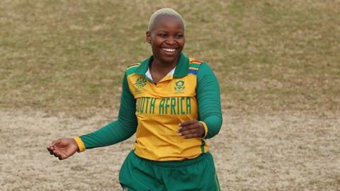 South Africa bowler Nonkululeko Mlaba celebrates taking a wicket