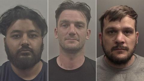 Police custody image of Hazrat Shah, Andrew Fox and Jason Gladding. Shah has black hair and a beard and is wearing a dark-coloured T-shirt. Fox has short dark hair and is wearing a black shirt. Gladding has brown short hair and beard and is wearing a grey shirt.