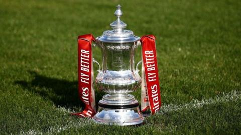 FA Cup trophy on a pitch