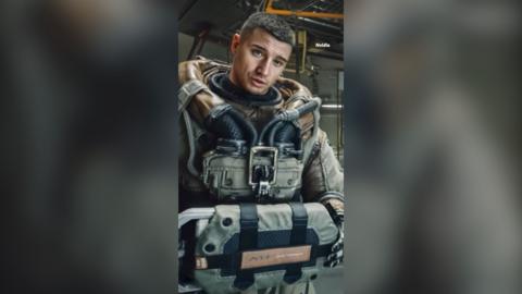 A still from a computer game showing a man with short dark hair in heavy-duty armour.