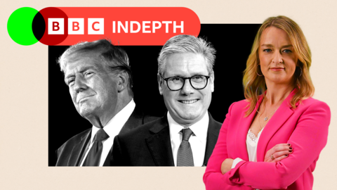 A treated image of Donald Trump and Sir Keir Starmer with Laura Kuenssberg edited on the side