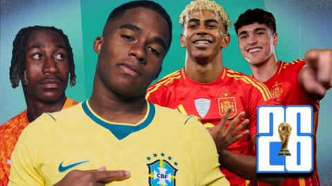 Yan Diomande of Ivory Coast, Endrick of Brazil, Lamine Yamal of Spain and Pau Cubarsi of Spain