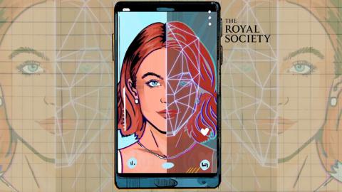 A woman's face on a mobile phone screen with a beauty filter overlayed on one half of her face