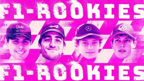 Graphic images showing the heads of four of the 2025 F1 rookie drivers on a pink and white background: Gabriel Bortoleto, Jack Doohan, Andrea Kimi Antonelli, and Oliver Bearman.