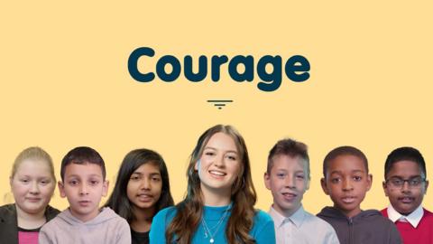 Former member of Youth Parliament Izzy Garbutt alongside images of children on a yellow background. Text reads, 'Courage'.