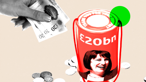 Montage image showing a hand putting two £20 notes into a collecting tin with the words £20bn above an image of Chancellor Rachel Reeves' face