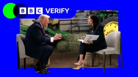 A composite image showing Donald Trump and a TV interviewer next to the BBC Verify logo.