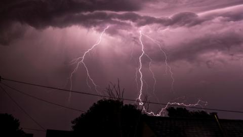 A lightning bolt pictured over Winterslow in Wiltshire. The sky is a purple tone from the flash. The silhouettes of trees and power cables can be seen below.