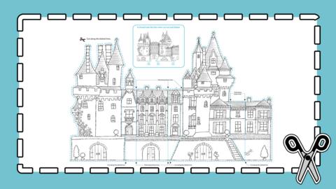 Line drawing of a large castle - to cut out and customise by a child.