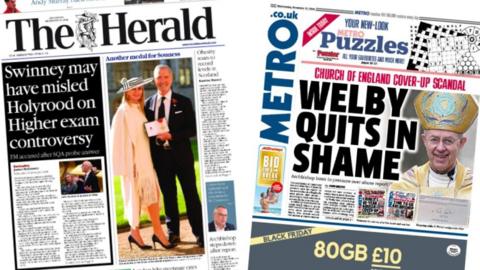 Composite image of The Herald, headlined "Swinney may have misled Holyrood on Higher exam controversy" and the Metro, headlined "Welby quits in shame"