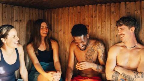 Group of male and female friends sitting in wooden sauna - stock photo