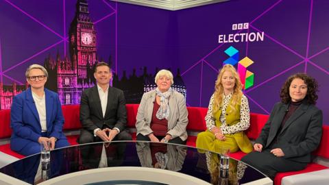 Five candidates for the Gorton and Denton By-election in the North West Tonight studio with its BBC election backdrop and the Houses of Parliament. From left: Charlotte Cadden (Conservative) has short blonde hair, black glasses, a white top and bright blue suit; Matt Goodwin (Reform UK) has short brown hair, a charcoal grey suit with white open-necked shirt; Jackie Pearcey (Liberal Democrats) has short blonde hair, a grey jacket, maroon sweater and patterned white scarf; Hannah Spencer (Green Party) has long blonde hair, a pale green waistcoat and trousers with with a light patterned shirt; Angeliki Stogia (Labour Party has long dark curly hair, a maroon turtle neck to and dark grey sujit. 