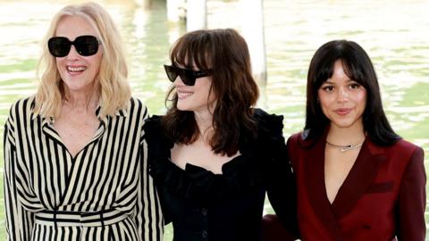 Catherine O'Hara, Winona Ryder, and Jenna Ortega arrive at the Palazzo del Casino at the 81st Venice International Film Festival on August 28, 2024 in Venice, Italy.