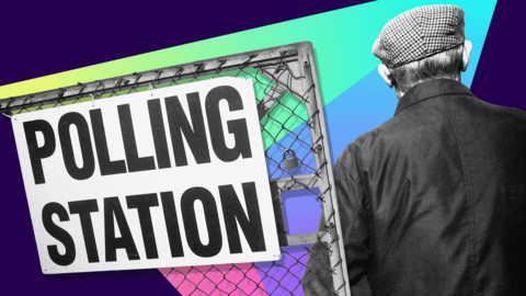 The background of this image is purple, with a green, pink and blue triangle overlaying it - on top of that is a white sign with black writing that reads "polling station" and to the right of that is a black and white image of a man, in a dark jacket and a flat cap - his back is to the camera and you can only see his top half.