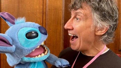 A Stitch puppet in looks face to face with Richard North from Wow Stuff - both have a similar surprised expression