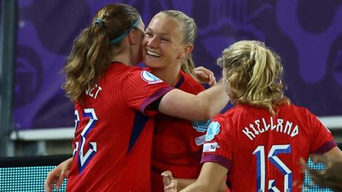 Norway's Frida Maanum scores their third goal with Signe Gaupset 