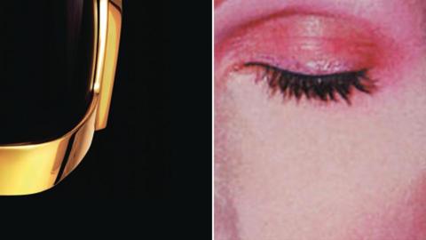 Composite of two close-ups of album covers, with a curved piece of gold visible in one and a closed eye visible in the other