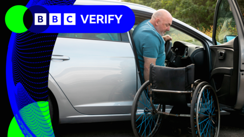 A man moves himself from the driver's seat of his car to a wheelchair