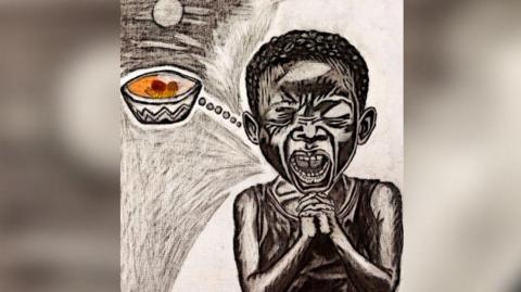 A black and white charcoal drawing of a young boy from Kenya with dark skin with his hands clasped in front of him in what looks like a pleading pose and with his face almost desperately pleading, with his eyes closed and mouth open.
In a thought bubble beside him is a bowl of food, showing what he is wishing for. 
The sketch shows him wearing a black vest and there is what looks like a sun in the sky. 
