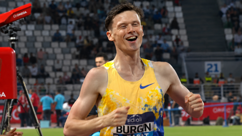 Max Burgin smiles as he crosses the line in first place at the Diamond League in Rabat