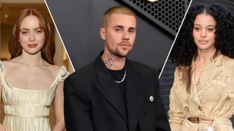 A split image of an AI generated image of Sadie Sink, a real image of Justin Bieber and a real image of Chase Infiniti.