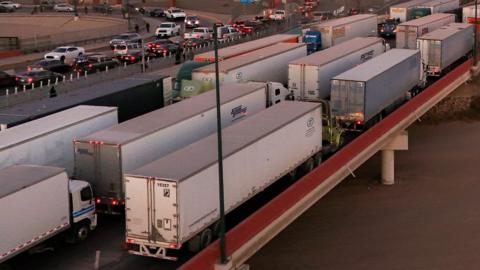 Trucks in Ciudad Juarez, Mexico, waiting in line at the Zaragoza-Ysleta border crossing bridge to cross into the US.