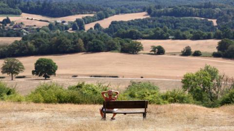 A shirtless man sitting on a wooden bench looking out across fields that are golden with dead grass.