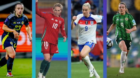 A comp image of Kirsty MacLean of Scotland, Jess Fishlock of Wales, Alessia Russo of England and Simone Magill of Northern Ireland all play wearing their international kits. 