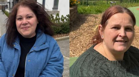 Lydia Santos is pictured on the left with a blue jacket and a black top. She has black hair and brown eyes. Samantha Goguelin is pictured on the right with a green jumper and red hair.