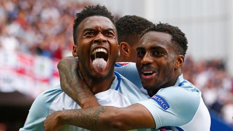 England's Daniel Sturridge celebrates with Danny Rose