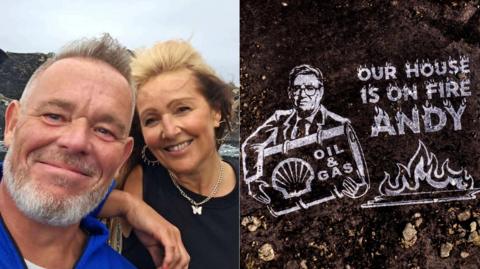 Llun o Allie Evans a Dean Edwards a'r murlun