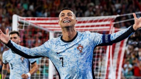 Cristiano Ronaldo celebrates scoring for Portugal