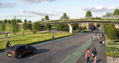 A CGI image shows how Salford Rise will look once it has been completed. There is a car on a road with cyclists on either side on cycle lanes and pedestrians walking on both pavements. In the distance is the new walkway. 