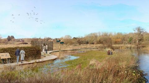 A mock-up image of a farm land. It shows people walking along a winding wooden footpath next to water and a grassy area. In the background is a meadow and trees, and blue sky with a flock of birds.