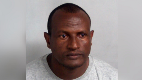 A custody mugshot of Hadush Kebatu, who is wearing a grey sweater and has cropped black hair.