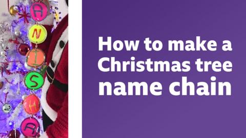 A colourful home-made tinsel decoration spelling out the name Anisa, with a text caption reading How to make a Christmas tree name chain