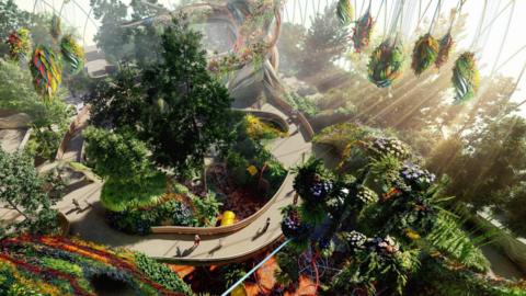 CGI image of birds-eye view from within one of the newly proposed project's domes. Lush, exotic plants.