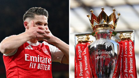 Split picture of Viktor Gyokeres and the Premier League trophy