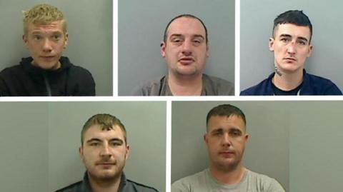 Mugshots of the five convicted men. Samuel Lane has blond hair, Martin Rivers has short dark hair, Macauley Owen also has short dark hair and a tattoo on his neck, Craig Bradley has short brown hair and Josh Blackston has slightly longer, lighter hair.