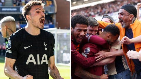 Split image of Tottenham and West Ham players celebrating their respective goals