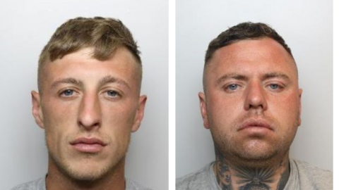 Police mugshots of Luke Rushforth and Joshua Stevens. Rushforth has short light brown hair and blue eyes. Stevens also has short brown hair and blue eyes. He has a neck tattoo. Both are wearing grey tops.