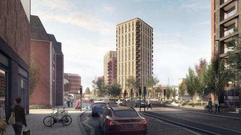 An artist's impression of two new rectangular tower blocks proposed for Redhill, with roads, traffic and pedestrians in the foreground.