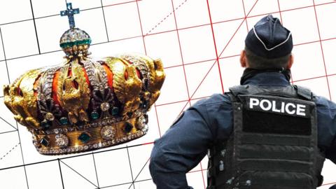 A designed image of a policeman looking out towards the French crown jewels