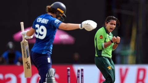 Pakistan's Fatima Sana celebrates bowling Nat Sciver-Brunt